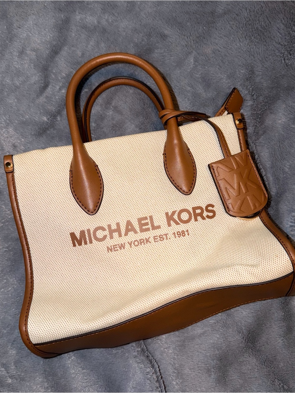 Michael Kors Cream Canvas mini Tote with Brown Leather Trim